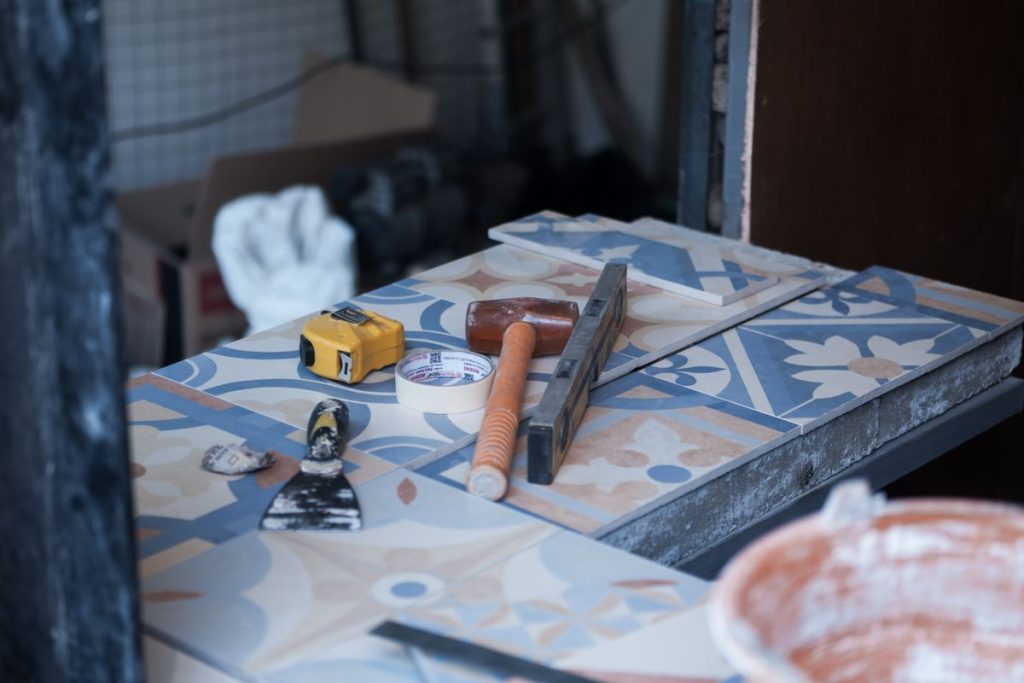 Tiling tools laid out on site